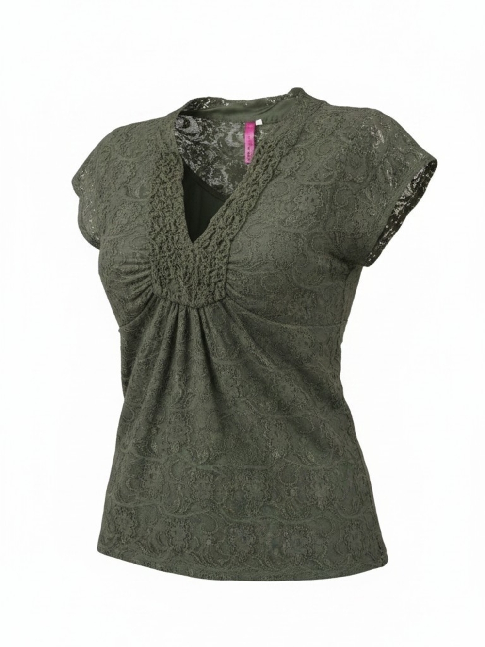 Heart Soul Y2K Vintage Lace-Detail V-Neck  Babydoll Blouse in Olive Green